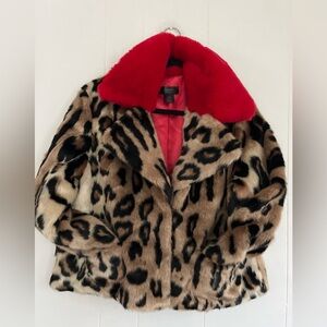 Levivel 1206 Leopard Print Faux Fur Jacket with Red Collar Size Medium/Large